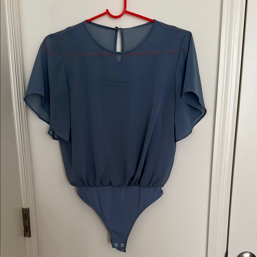 Blue Sheer Flutter Sleeve Bodysuit
